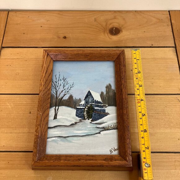 Winter Grist Mill Original Framed Oil Painting Water Wheel Landscape Signed Art - Picture 5 of 6
